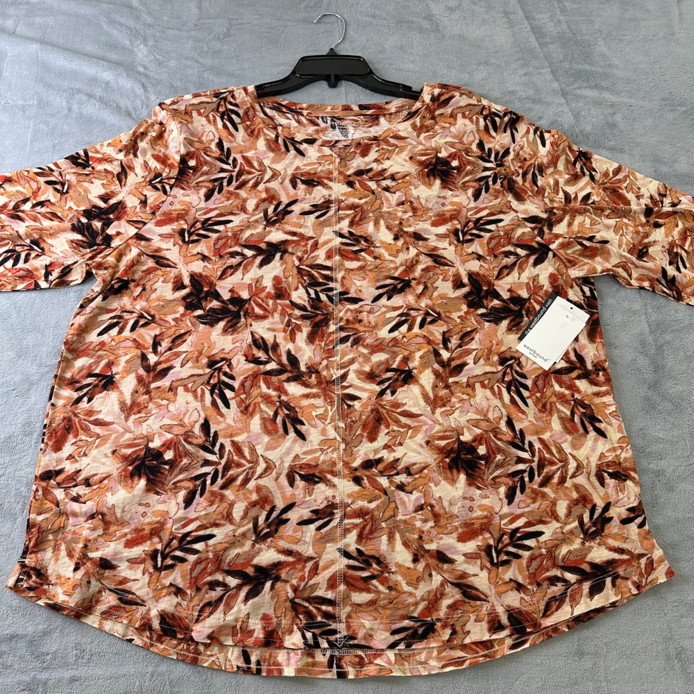 NWT Westbound Woman 2X Orange Leaf Print Slub Knit 3/4 Sleeve Top